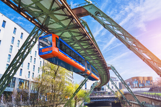 Wuppertal city in spring - fast suspension railway, North Rhine-Westphalia, Germany