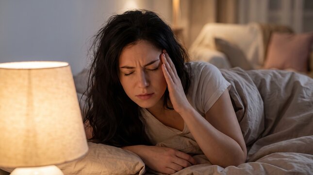 Young adult brunette woman resting alone in bed, gently holding her forehead with a pained expression