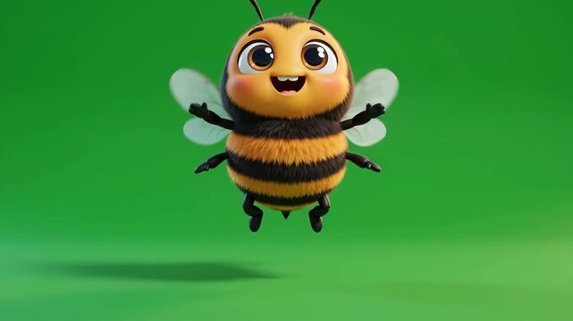 Adorable Cartoon Bee Character Flying Happily Against a Vibrant Green Background, Perfect for Children's Media and Nature Education Concepts