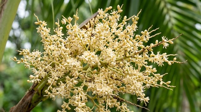 Tropical palm tree inflorescence with small yellow flowers