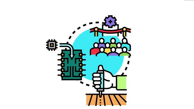 Applied technology concept showing a hand planting in soil, a chip transferring data to a circuit board, and a group of people at an event related to smart solutions and innovation