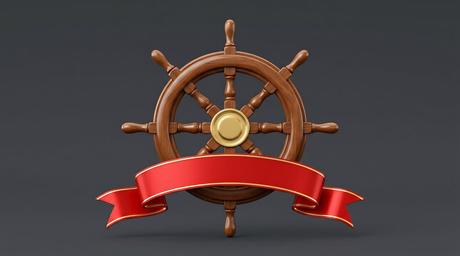 Wooden ship steering wheel helm with empty red ribbon banner 3d illustration