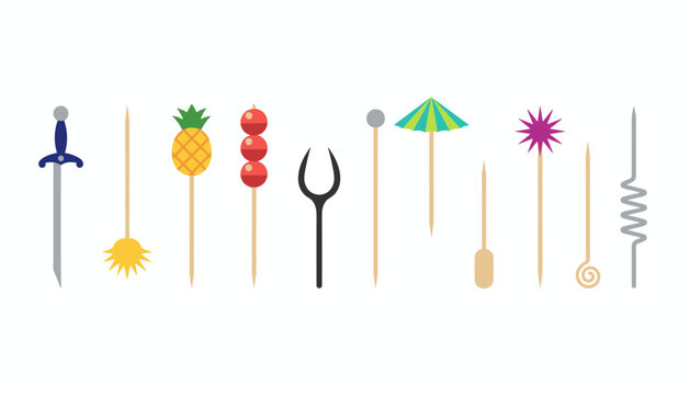 Symmetrical colorful flat vector set of ten diverse decorative cocktail picks and food skewers in various designs.