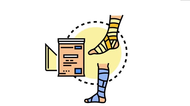 Person applying elastic bandage to an ankle injury and a leg in a compression cast, concepts of first aid, medical treatment, and recovery from trauma
