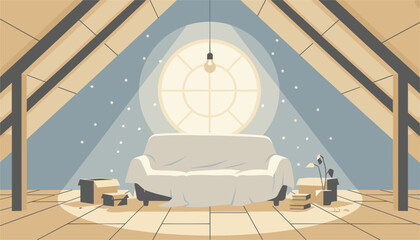 Cozy attic apartment room featuring a comfortable white sofa illuminated by warm light streaming from the window. © Juell