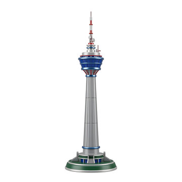 A vibrant 3D miniature KL Tower featuring its distinctive telecommunications structure, blue and silver details, modern design, and elegant futuristic appearance, beautifully isolated on white.