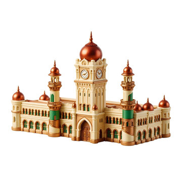 A colorful 3D miniature Sultan Abdul Samad Building featuring Moorish arches, clock tower details, copper domes, cream walls, Malaysian heritage architecture, beautifully isolated on white.
