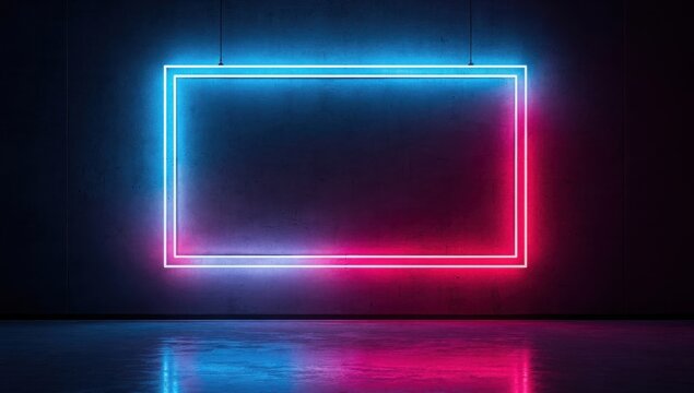 Neon frame glowing with vibrant blue and pink light against a dark textured wall inside an empty modern room.