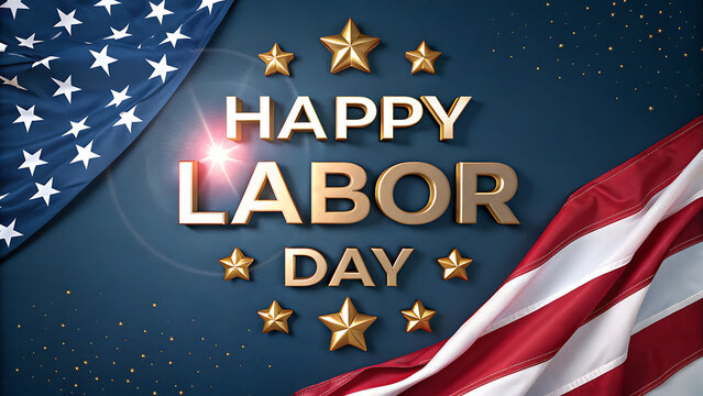 Happy Labor Day celebration banner with American flag and gold stars on dark blue background