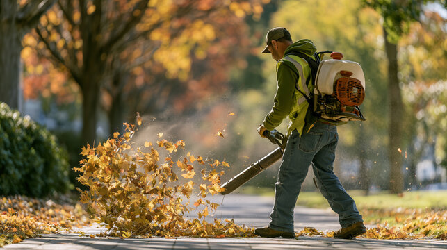 worker using leaf blower to clear fallen autumn leaves in city park during seasonal maintenance