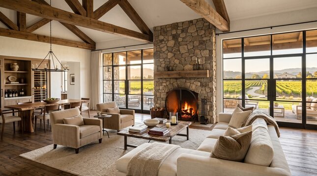 Luxury Modern Rustic Living Room Interior Design with Stone Fireplace and Vineyard View at Sunset