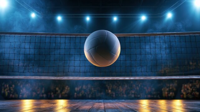 Volleyball in mid air above net arena crowd and lights sports action