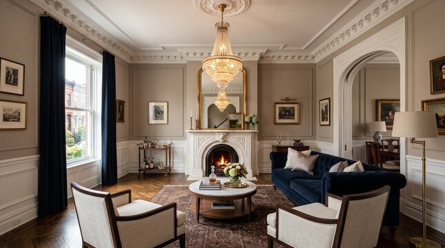 Luxury Classic Living Room Interior Design with Marble Fireplace and Grand Crystal Chandelier
