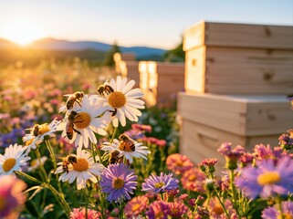 Naklejka premium Bees gather nectar from flowers in a meadow near wooden beehives during sunset