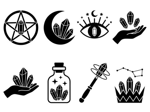 Mystical Occult Crystal Icon Set - Esoteric Witchcraft and Celestial Symbols