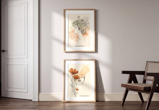 Two Vertical Picture Frame Mockups on Wall and Floor with Sunlight Shadow