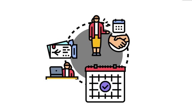 Professional person managing appointments, planning schedules, and organizing tasks, with calendar icons, meeting handshake, and travel ticket for efficient timekeeping