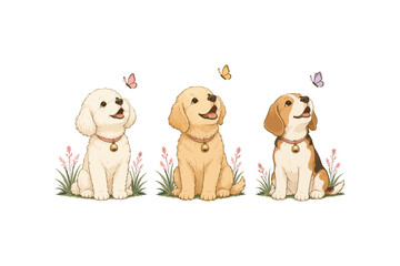 Three cute puppies sitting in grass with butterflies, adorable dog illustration set.