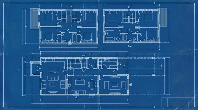 Architectural floor plan blueprint showing detailed residential house layout, rooms, furniture, dimensions, stairways, doors, and technical construction design