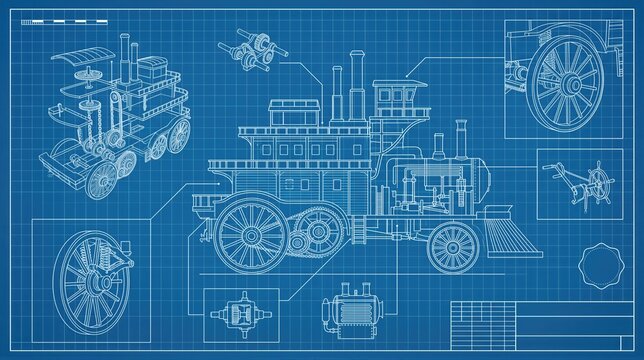 Technical blueprint drawing of a vintage steam locomotive with detailed wheel, gear, engine, and mechanical component diagrams. Railway engineering design and industrial machinery concept.