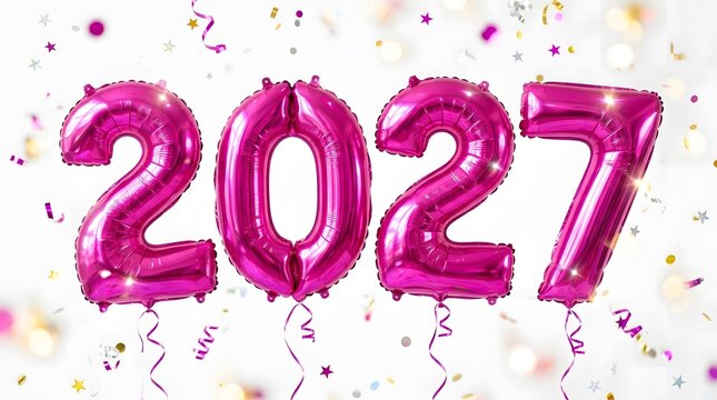 A vibrant and celebratory display of shiny pink foil balloons forming the year two thousand twenty seven surrounded by colorful confetti on a