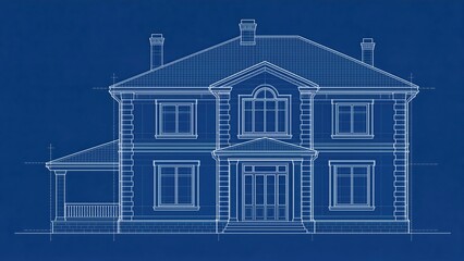 Fototapeta premium Detailed architectural blueprint drawing of a large classical two story house facade with columns windows entrance roof and construction measurements for home design