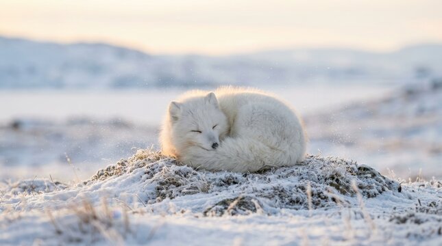 Arctic fox sleeping curled up in snow covered landscape