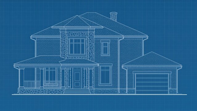 Detailed architectural blueprint of a two story suburban house with porch garage windows and chimney. Residential construction design and home planning concept.