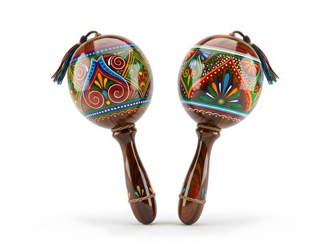 Two vibrant and colorful traditional mexican maracas showcase detailed intricate designs set against a pristine white backdrop embodying latin american cultural heritage and