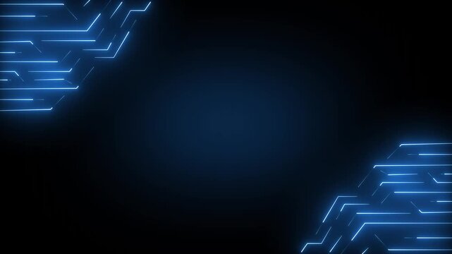 Glowing neon circuit lines frame a dark blue technology background with copy space cleanly. Digital presentation slides use this circuit lines grid. Circuit lines pulse.