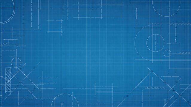 Abstract blue architectural blueprint background with technical grid, geometric construction lines, drafting marks, and copy space for engineering, design, and planning concepts