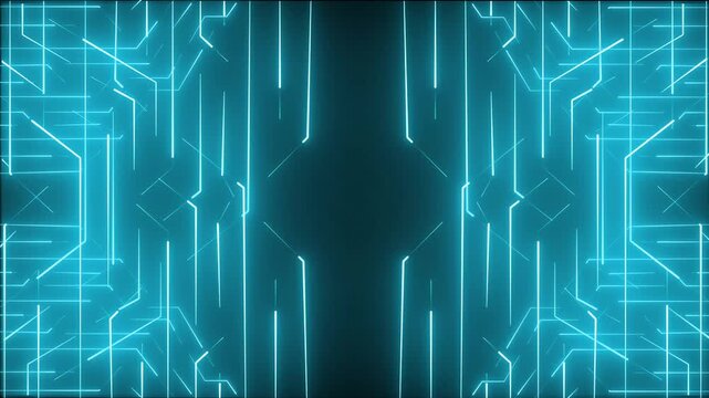 Blue glowing circuit lines outline a futuristic technology background with copy space layout. Data presentation decks apply these circuit lines. Circuit lines pulse bright.