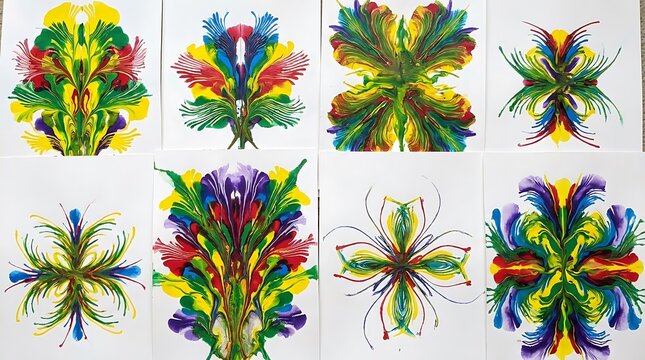 Collage of abstract colorful ink rorschach symmetric patterns with rorschach