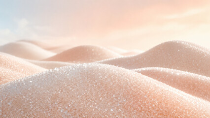 Fototapeta premium Dreamy landscape of fine granulated sugar formed into soft rolling hills, illuminated by warm pastel light with sparkling crystalline details.