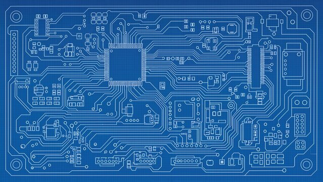 Detailed electronic circuit board blueprint with microchip, conductive pathways, components, and engineering design for hardware development and technology concept