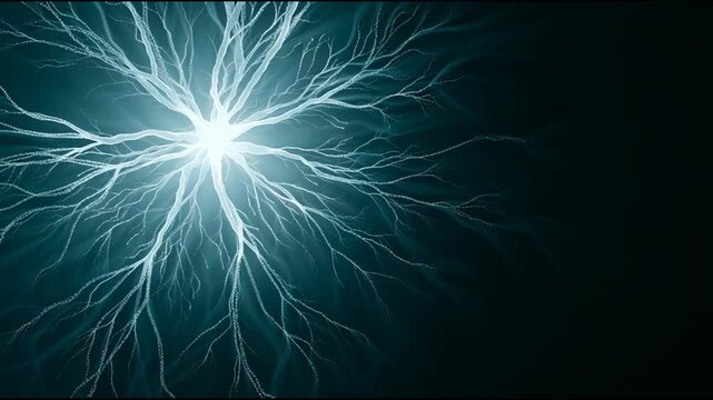 Bright AI core sends out light pathways in a dark space, creating patterns that branch and expand over time in a captivating display.