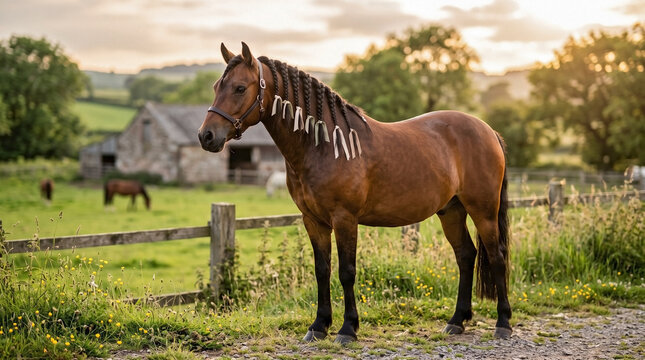 Welsh pony standing in rural pasture with braided mane decorated with natural ribbons. Brown Equus caballus horse near stone barn and wooden fence. Welsh pony photography for equestrian magazine.