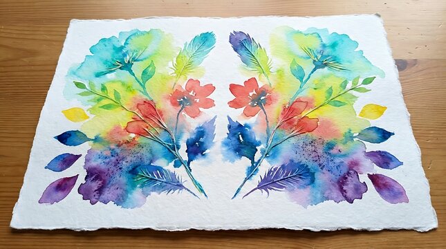 Symmetrical watercolor floral rorschach style painting on textured paper