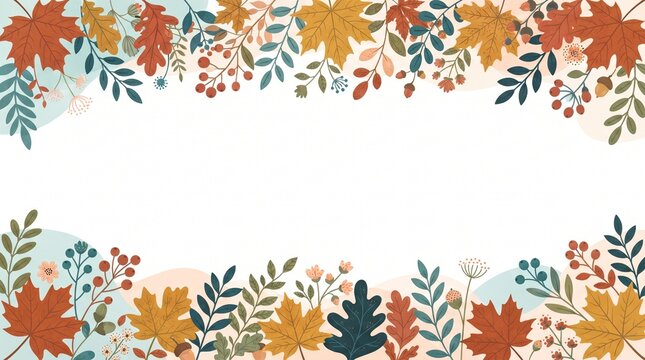 Autumn floral border frame with colorful maple leaves and seasonal foliage on white background