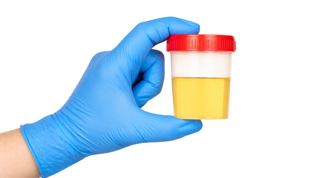 Hand wearing blue glove holding urine sample container isolated on transparent background