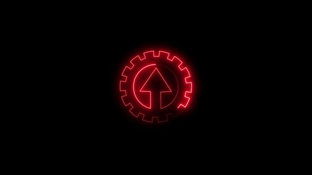 Red neon gear icon displays an upward arrow to symbolize digital growth trends cleanly. Automation software setups use this gear icon. Gear icon pulses brightly.