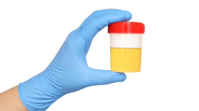 Hand wearing blue glove holding urine sample container isolated on transparent background