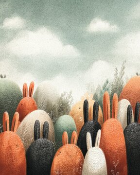 Whimsical and colorful abstract illustration featuring textured oval shapes and plant elements with soft pastel and warm tones