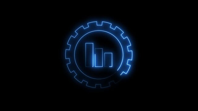 Glowing blue neon gear incorporates a bar chart icon to represent business analytics. Industrial data dashboards display this neon gear. Neon gear turns smoothly.