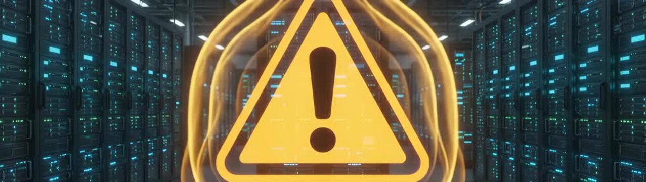 Data center servers displaying a warning sign representing potential system failure cyberattack or critical network issues.