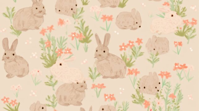 Soft Bunny Wallpaper Cute pastel watercolor bunny rabbits and flowers on a soft beige background in a whimsical pattern an embroidered soft bunny pattern