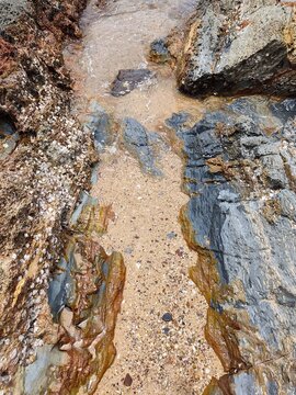 High angle top-down view looking into a narrow sandy crevice surrounded by barnacle-covered coastal rocks and clear incoming sea water.
