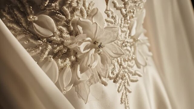 Close-up of intricate floral embroidery and beading on a luxurious white wedding dress bodice