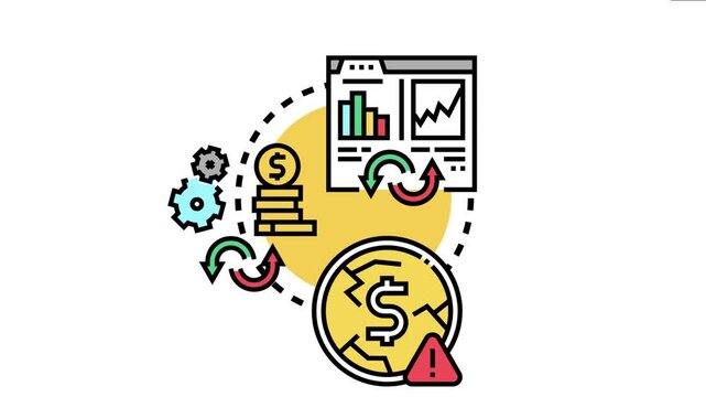 Financial system visualizing currency value fluctuations, market dynamics, economic changes, and investment risks with online data, money symbols, and gears