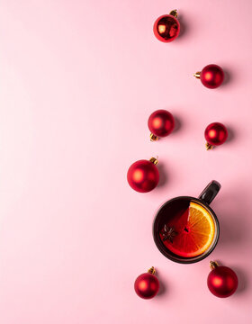 Cup of Mulled Wine with Red Baubles on Pink Background